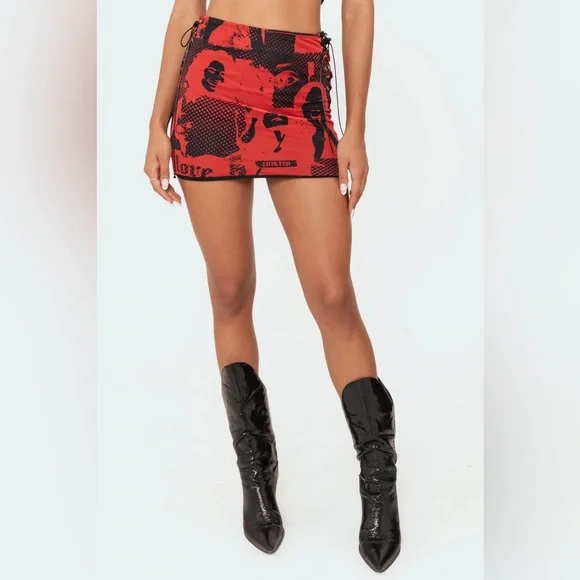 EDIKTED RED AND BLACK MESH POLKA DOT Y2K GRUNGE GRAPHIC LACE UP MINI SKIRT - Picture 8 of 11